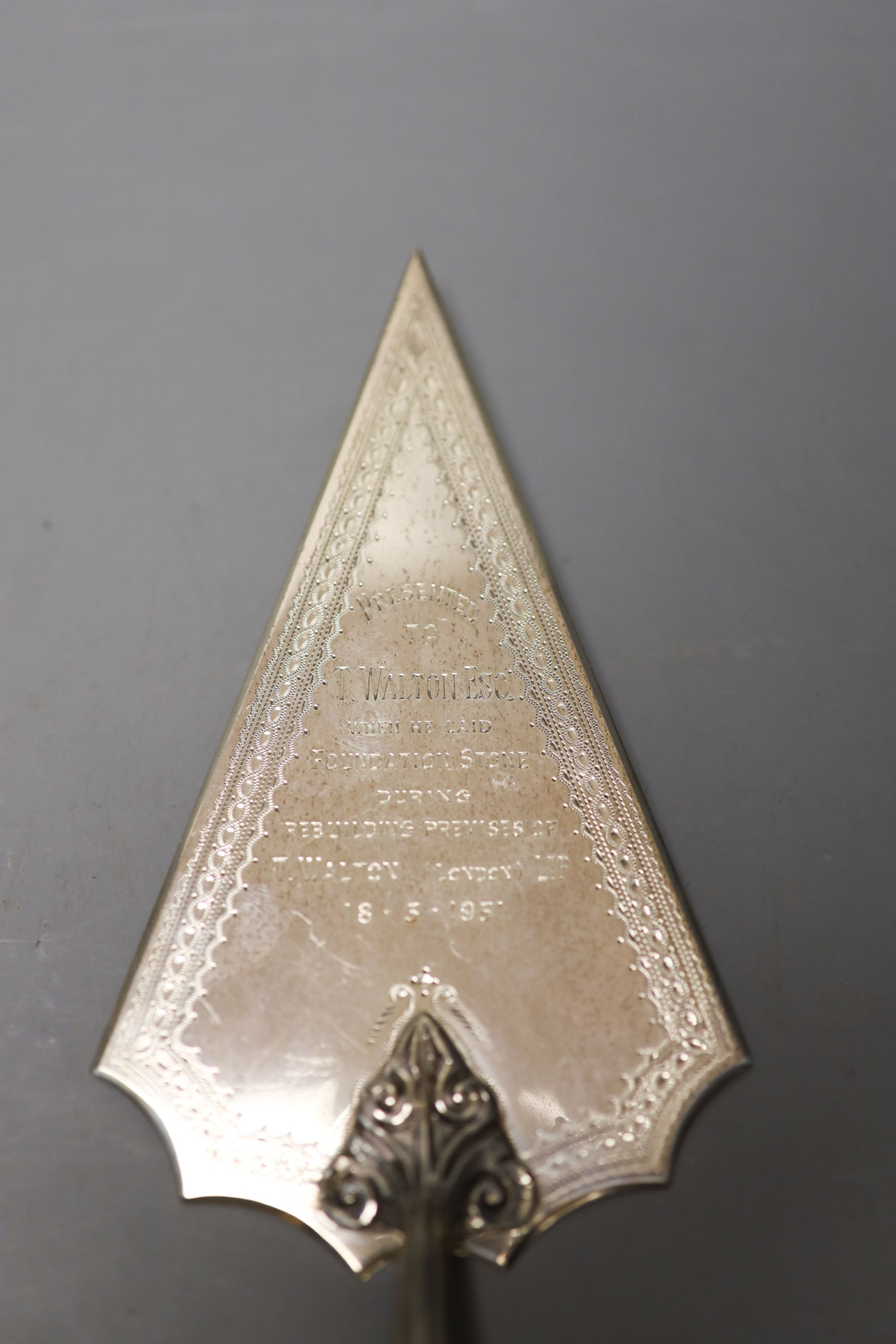 A George V ivory handled silver presentation trowel, with engraved inscription. London, 1928, 33cm, gross weight 8.5oz.